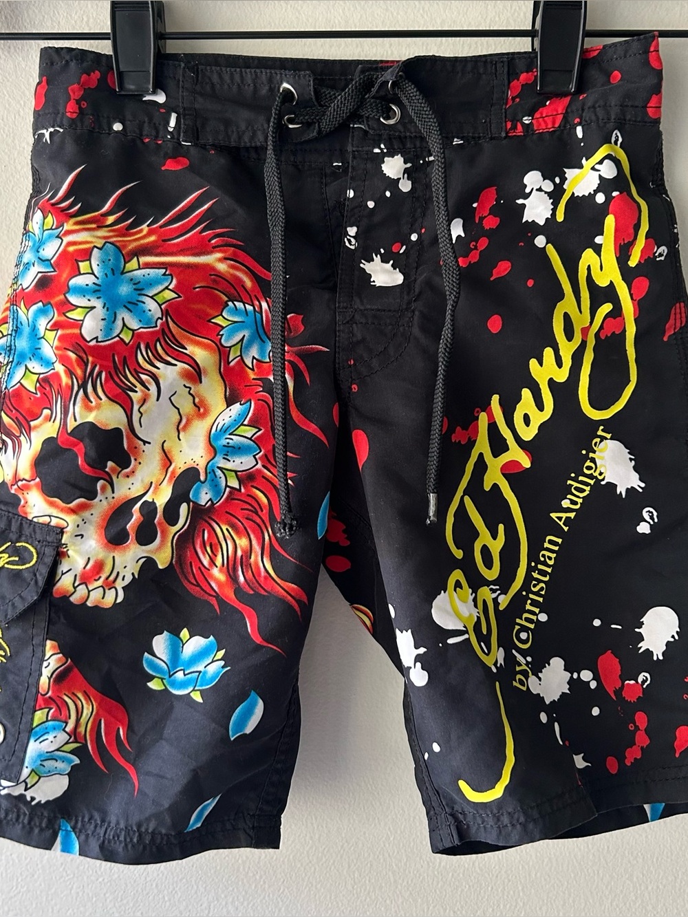 Ed Hardy Black Board Shorts with Red Flaming Skull and Blue Flowers